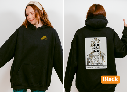 Crochet Fast, Die Warm | Back | Unisex Heavy Blend™ Hooded Sweatshirt